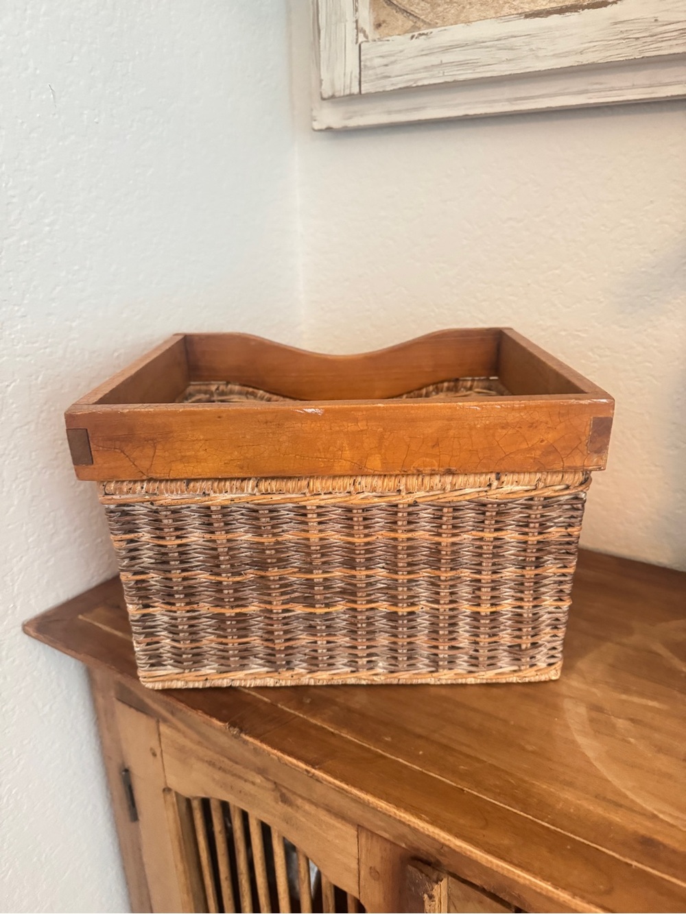 Rustic Woven Basket with Wooden Frame 11"x9"x7.5" Vintage Charm for Home - Picture 8 of 14
